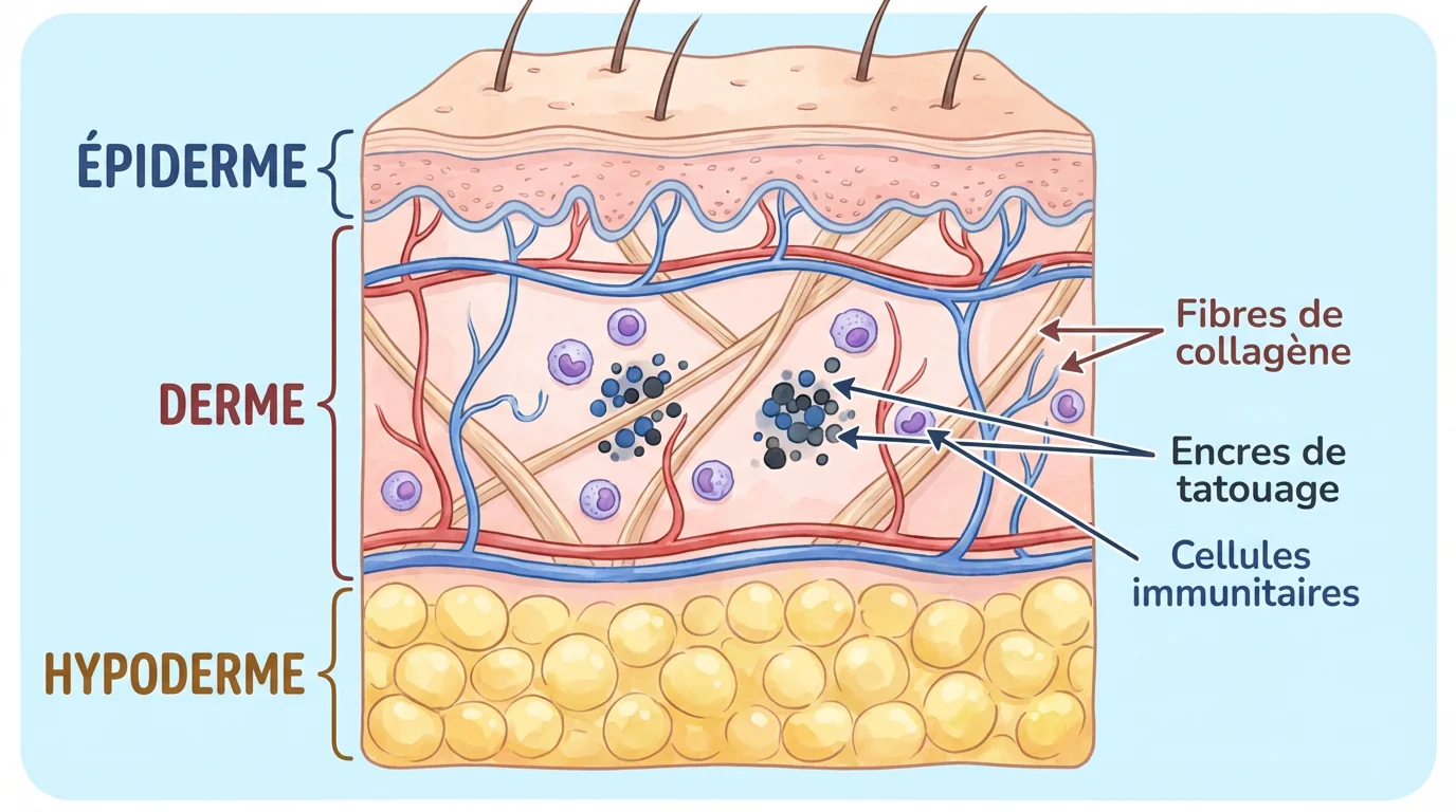 Illustration en coupe de la peau montrant les trois couches et les particules d'encre de tatouage dans le derme