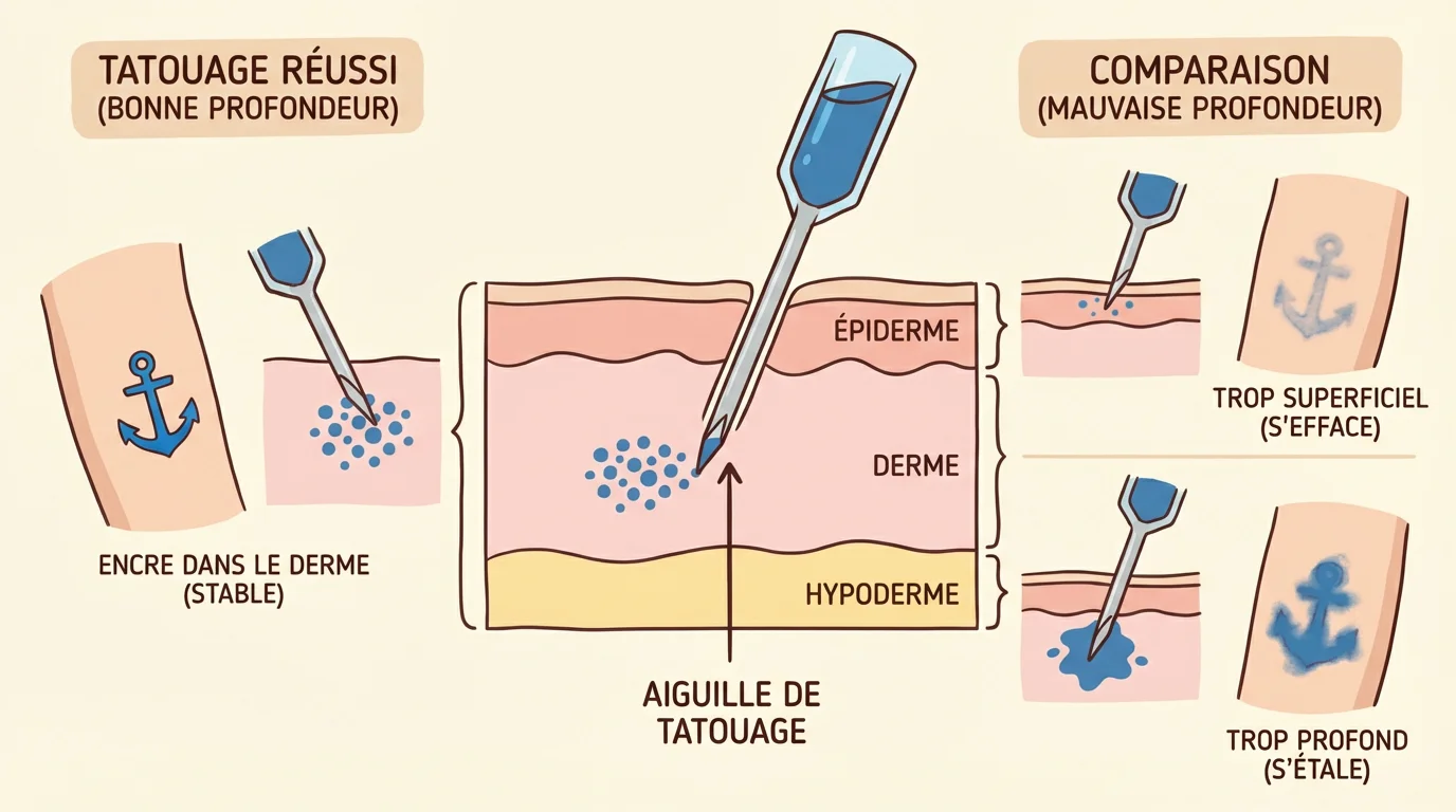 Illustration montrant la profondeur correcte d'injection de l'encre dans le derme lors d'un tatouage
