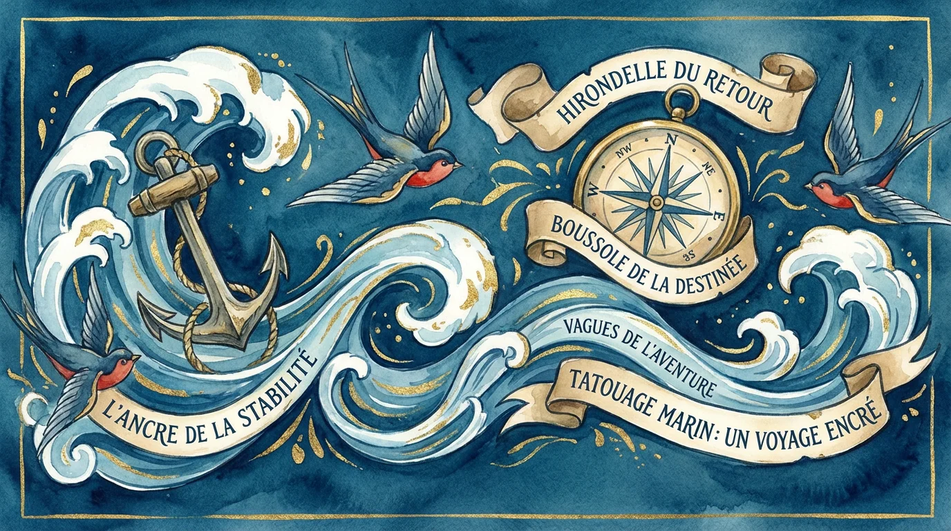 Illustration panoramique de motifs de tatouages marins avec ancre, hirondelle et boussole sur fond océan