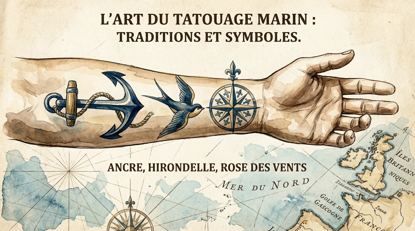 Illustration de motifs de tatouages marins classiques sur un bras, avec ancre, hirondelle et rose des vents