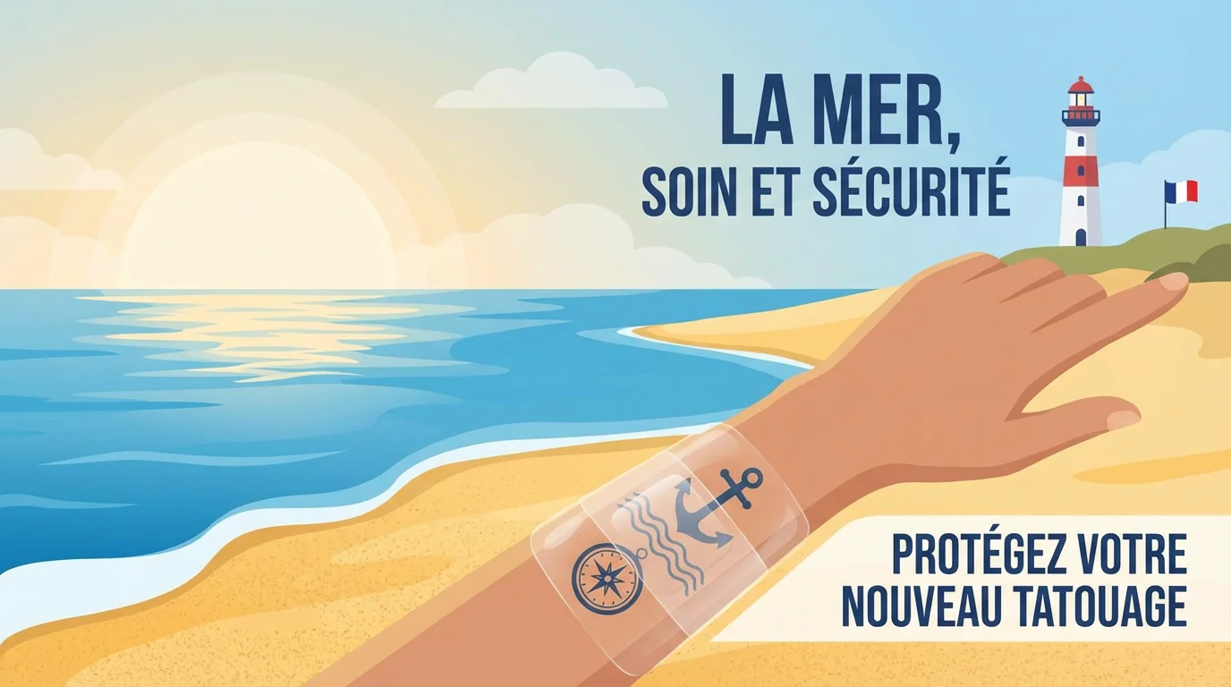 Illustration d'une personne protégeant son tatouage marin récent sur une plage