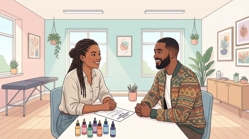 Illustration d'un studio de tatouage professionnel où un tatoueur échange avec son client sur les précautions allergiques