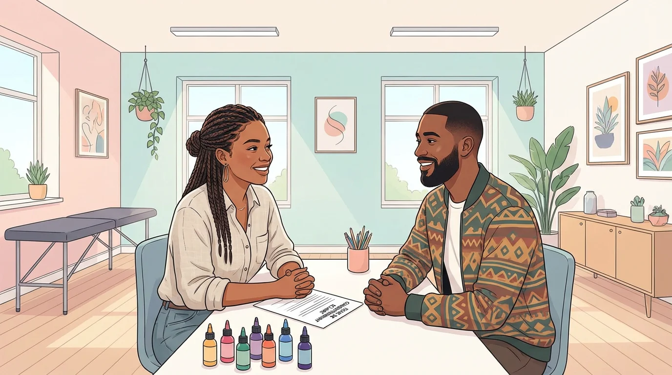 Illustration d'un studio de tatouage professionnel où un tatoueur échange avec son client sur les précautions allergiques