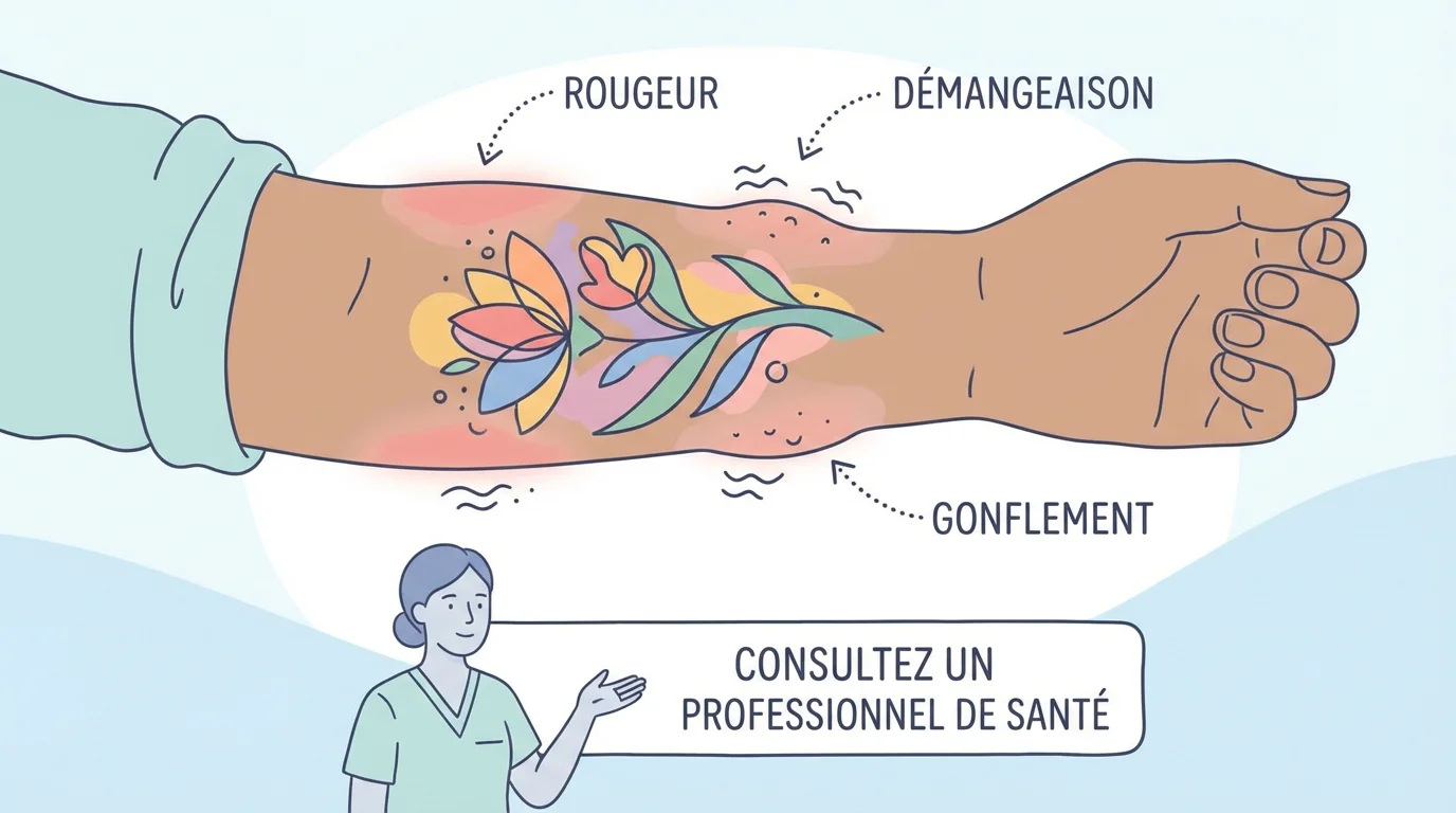 Illustration des symptômes d'allergie au tatouage : rougeur, gonflement et démangeaisons sur la zone tatouée
