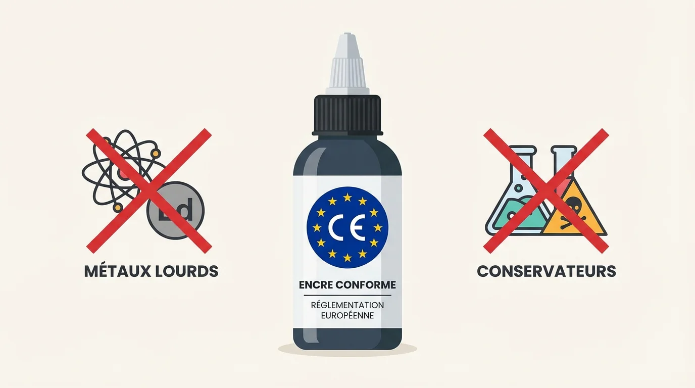 Illustration de la réglementation européenne REACH encadrant la composition des encres de tatouage