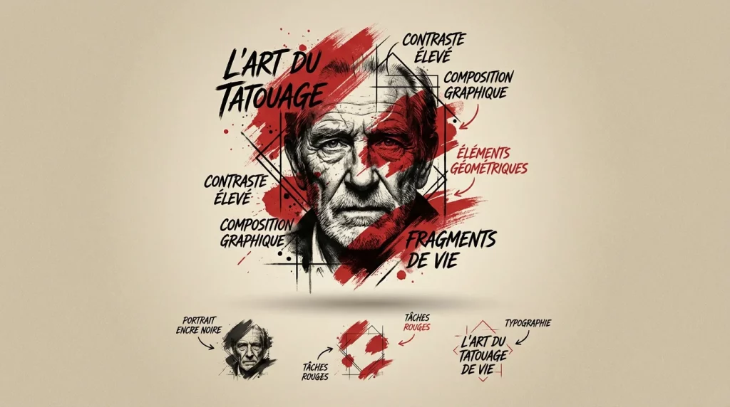 Illustration d'un tatouage trash polka mêlant portrait réaliste en noir et éclaboussures d'encre rouge