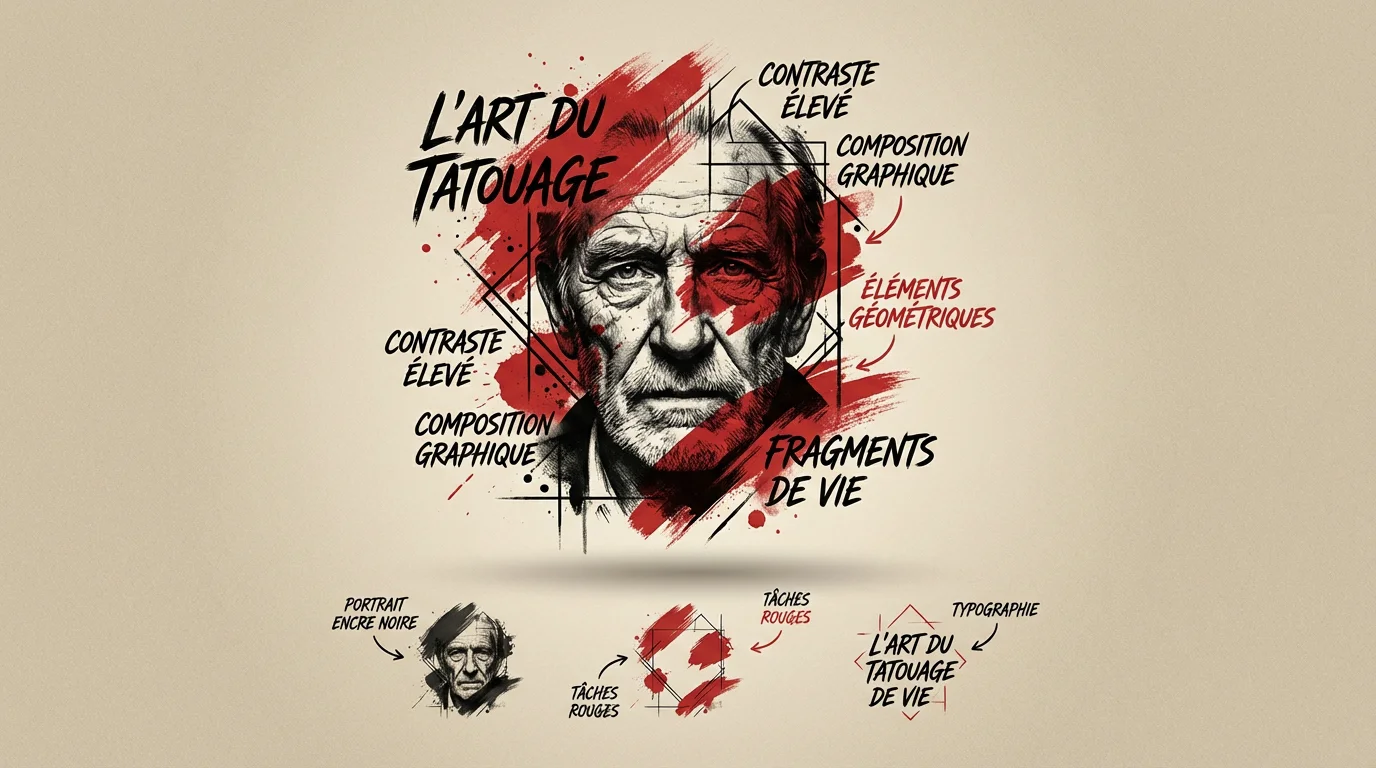 Illustration d'un tatouage trash polka mêlant portrait réaliste en noir et éclaboussures d'encre rouge
