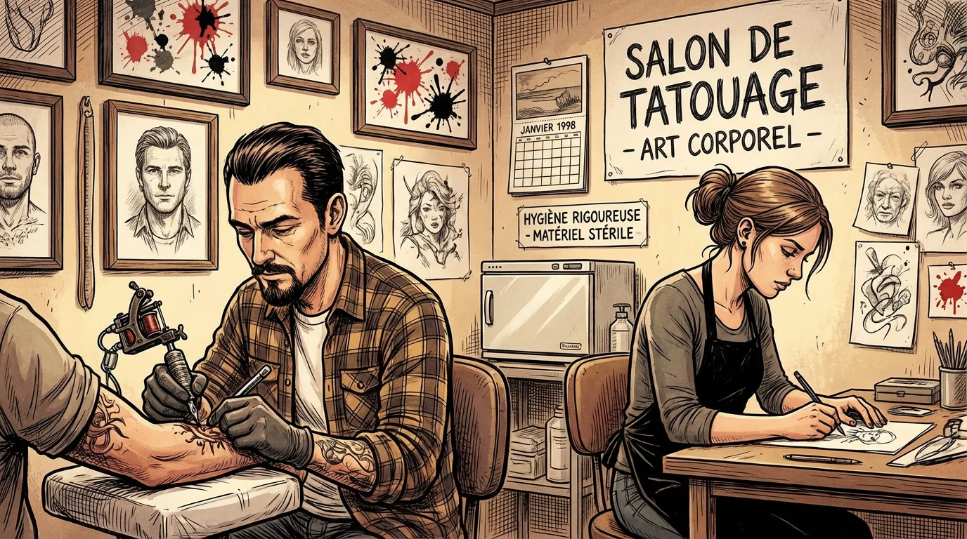 Illustration d'un studio de tatouage dans les années 1990 où le style trash polka a été inventé
