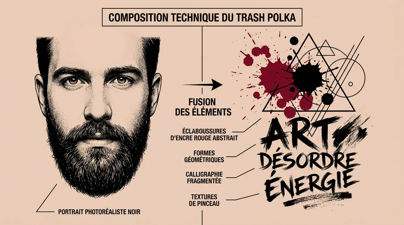 Illustration des éléments techniques composant un tatouage trash polka : portrait réaliste, éclaboussures rouges et typographie