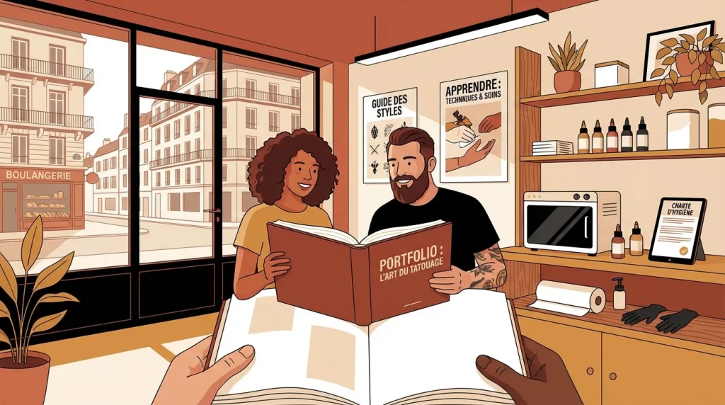 Illustration d'une personne consultant le portfolio d'un tatoueur dans un studio professionnel en France