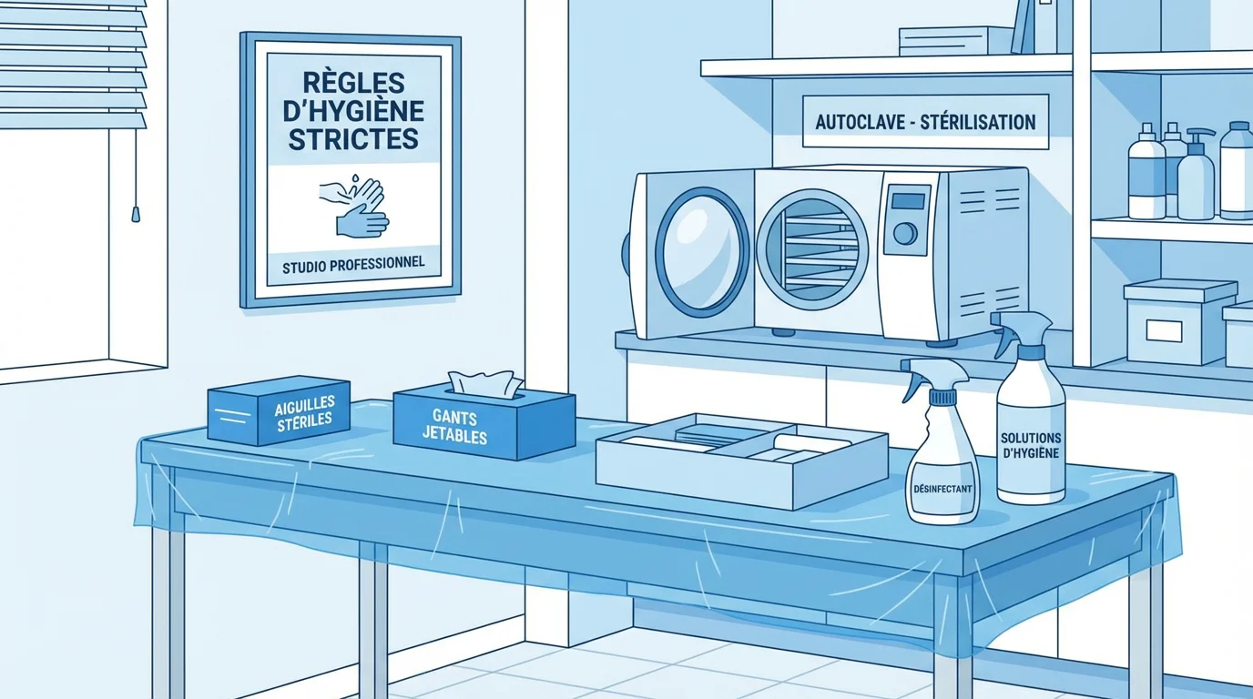 Illustration d'un studio de tatouage conforme aux normes d'hygiène en France