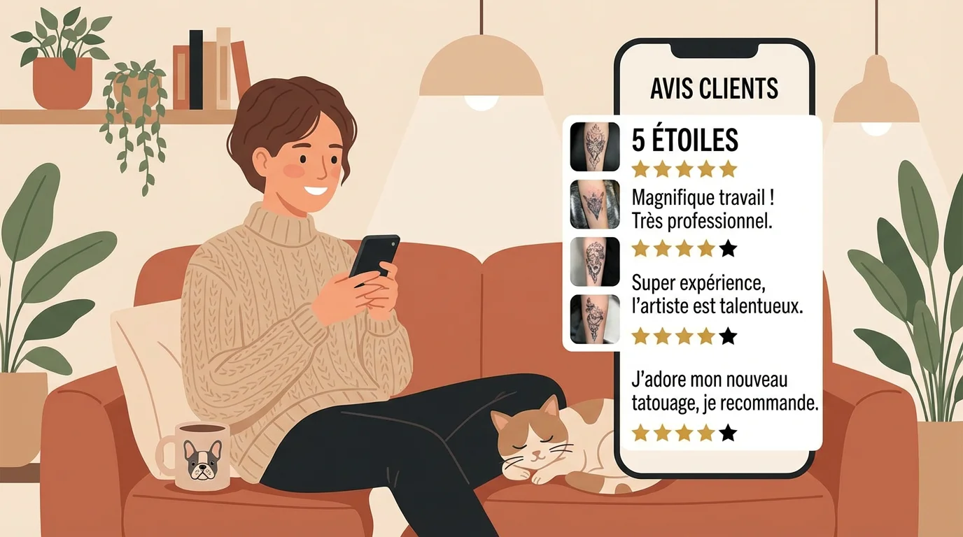 Illustration d'une personne lisant des avis clients sur un tatoueur depuis son smartphone