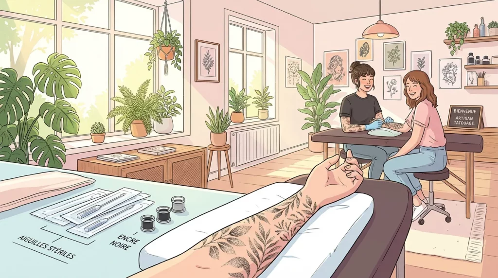 Illustration d'un studio de tatouage en France avec un poste de travail préparé pour une séance