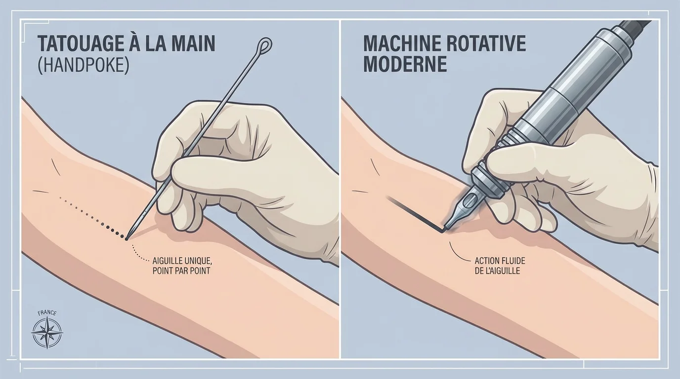 Illustration comparant le tatouage handpoke à la main et le tatouage à la machine rotative