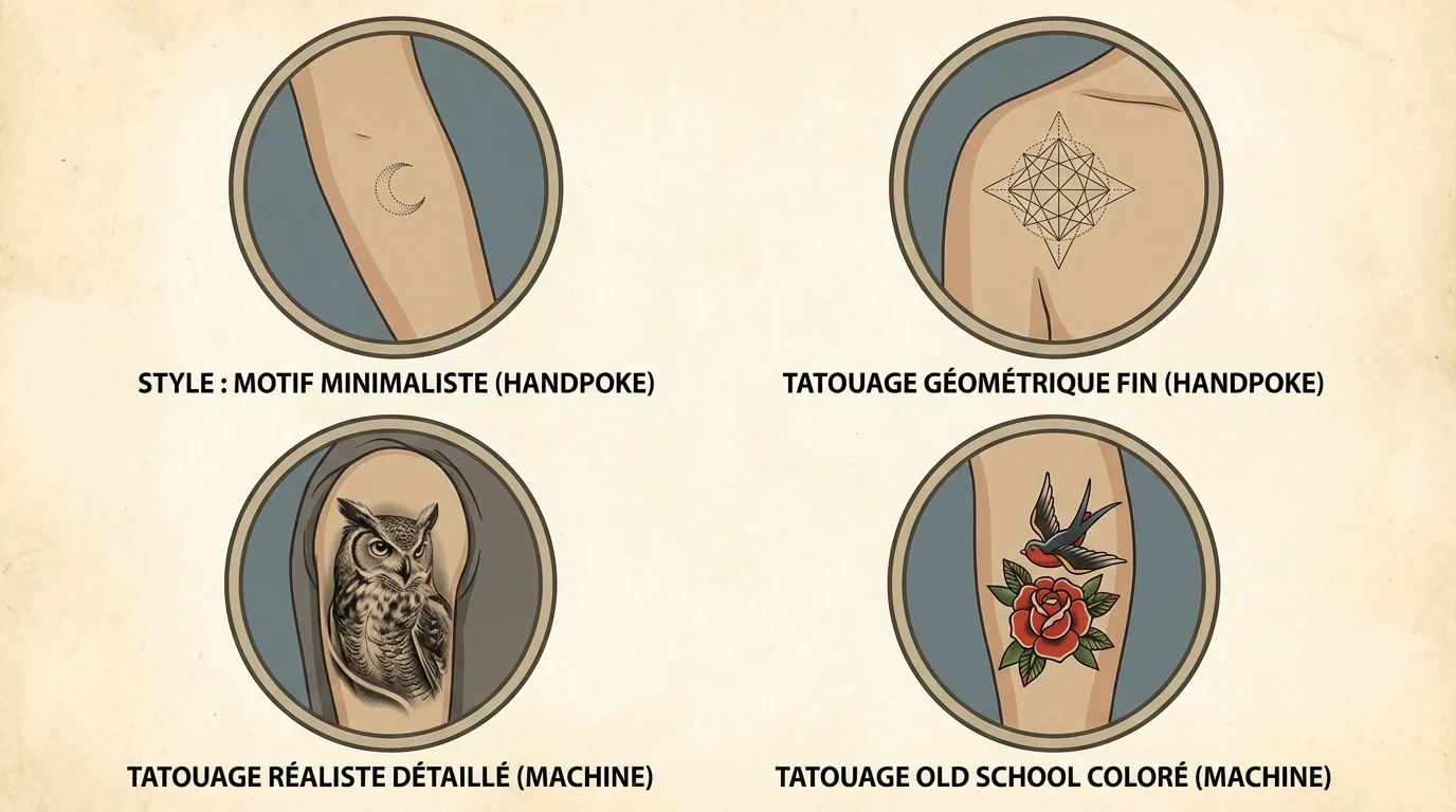Illustration de quatre styles de tatouage réalisables en handpoke et à la machine