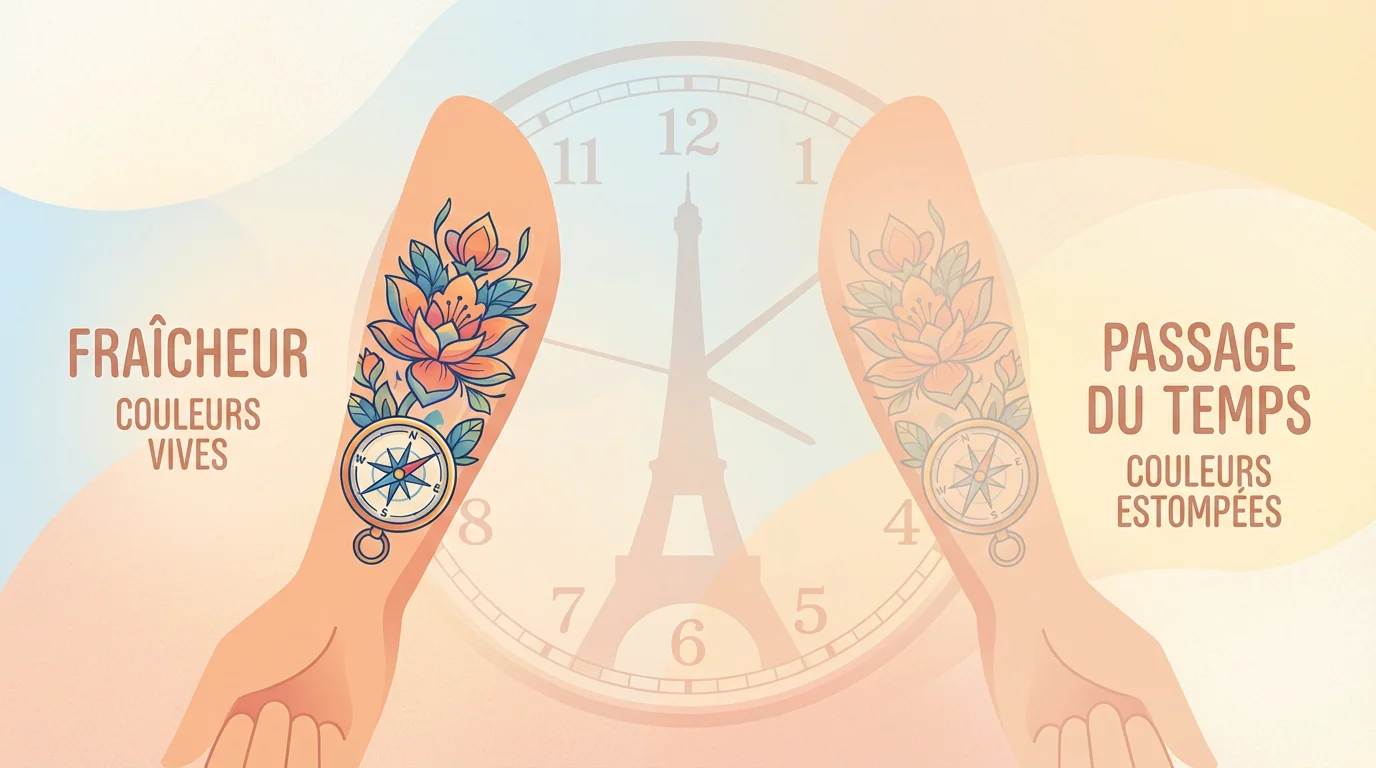 Illustration montrant l'évolution d'un tatouage frais vers un tatouage estompé avec le temps