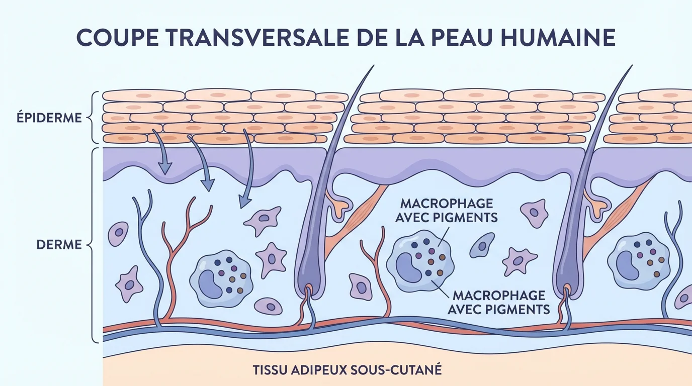Illustration en coupe de la peau montrant les pigments de tatouage captés par les macrophages dans le derme