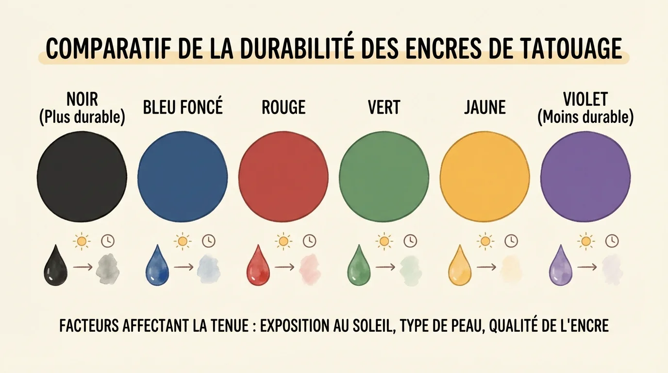 Illustration comparative de la durabilité des différentes couleurs de tatouage