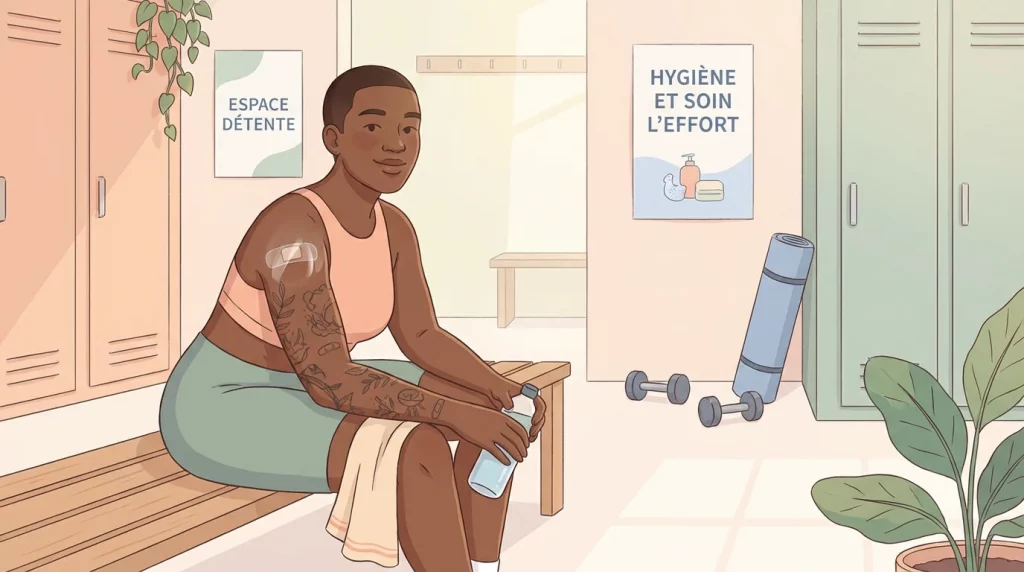 Illustration d'une personne tatouée au repos dans un vestiaire de salle de sport