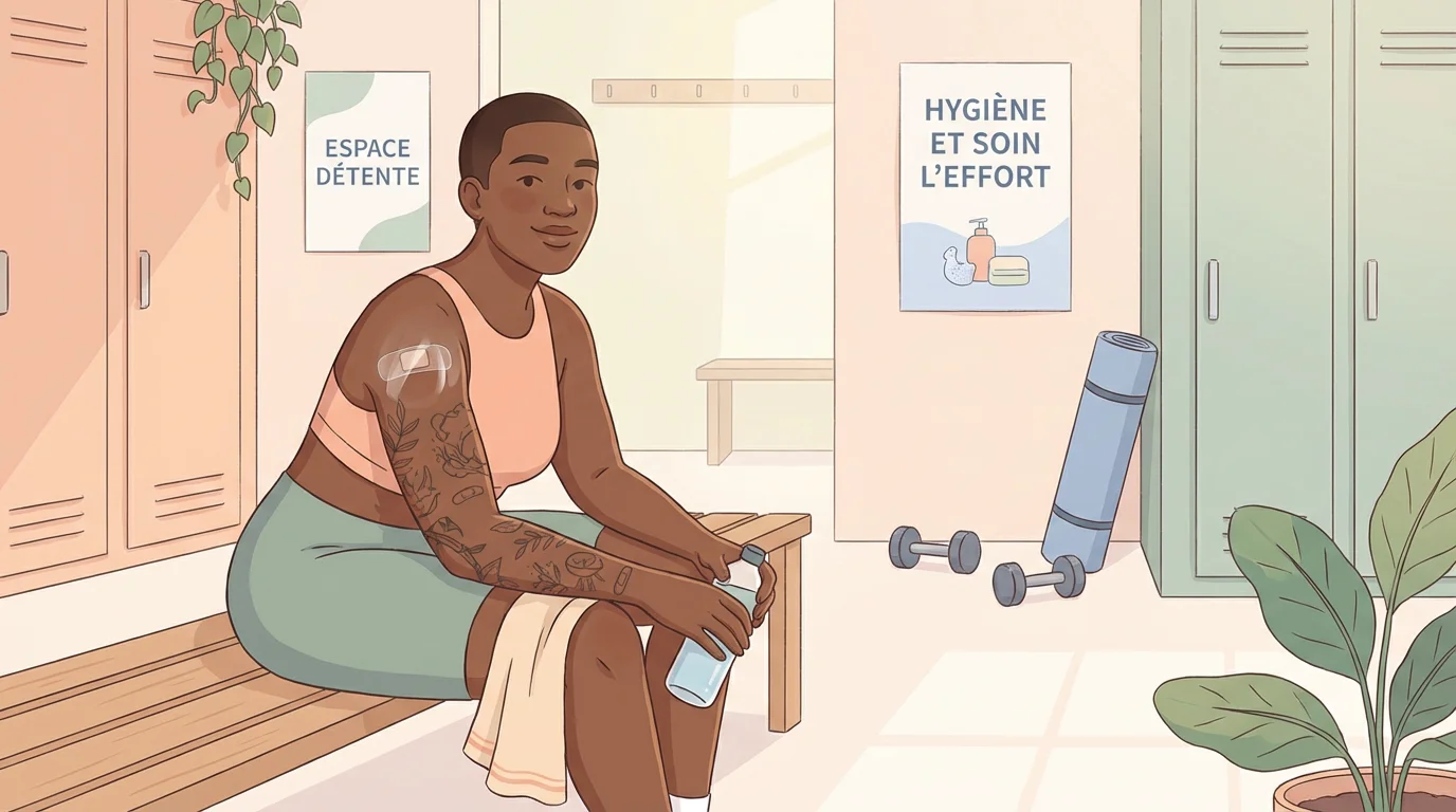 Illustration d'une personne tatouée au repos dans un vestiaire de salle de sport