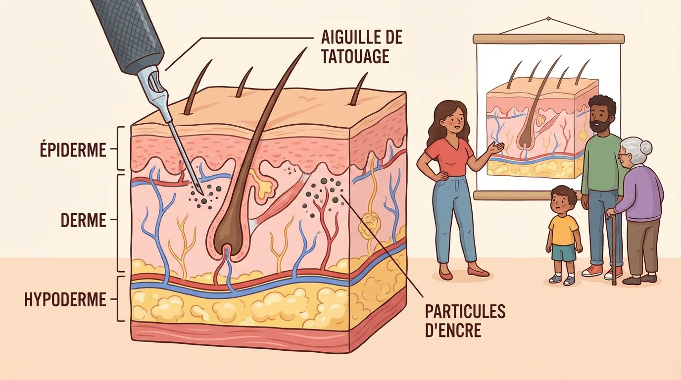 Illustration montrant la coupe de peau avec les couches derme et épiderme lors d'un tatouage