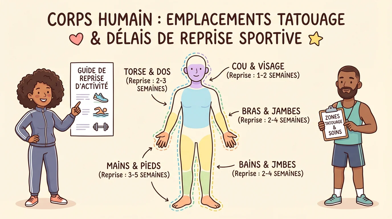 Illustration du corps humain avec les zones de tatouage et délais de reprise sportive