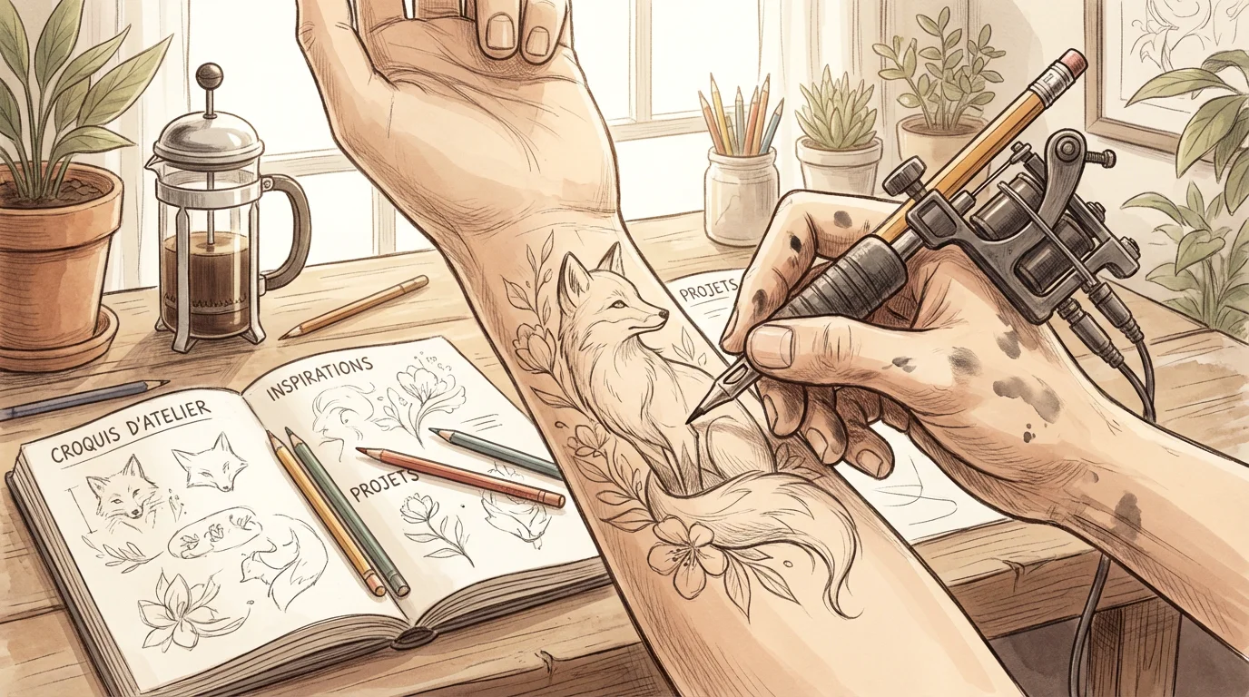 Illustration d'un tatoueur réalisant un tatouage sketch aux lignes fines et expressives sur un bras
