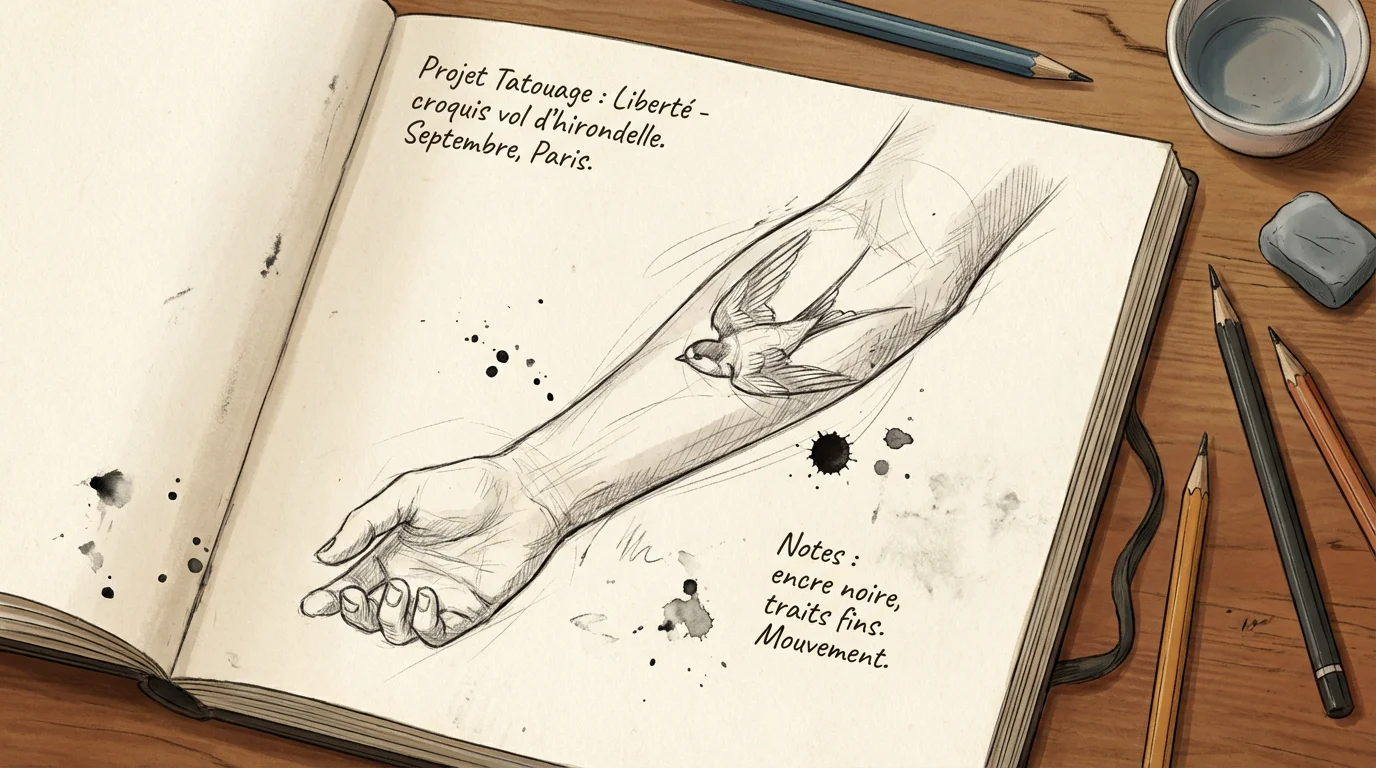 Illustration d'un tatouage sketch représentant un oiseau esquissé sur un bras, imitant un dessin au crayon