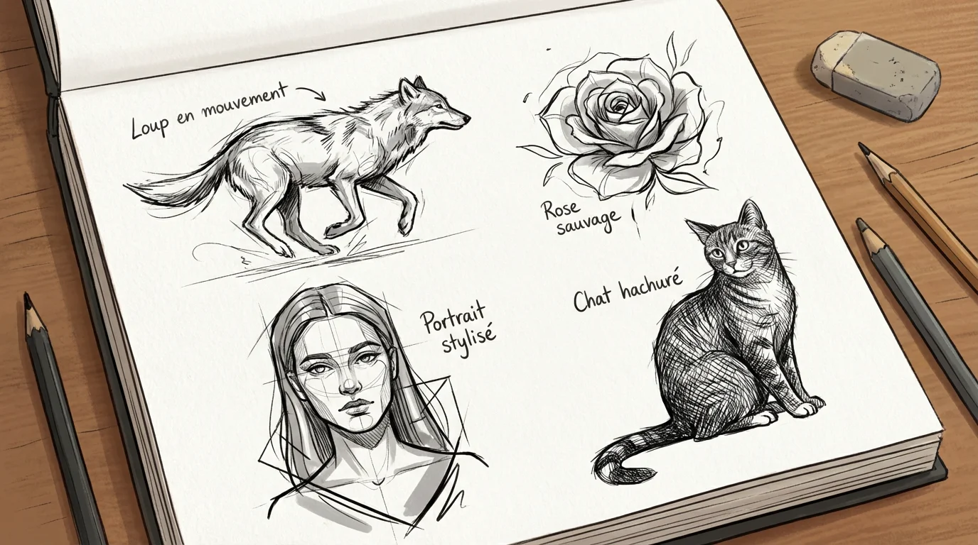 Planche d'illustration présentant différents motifs populaires de tatouage sketch sur fond de carnet de croquis