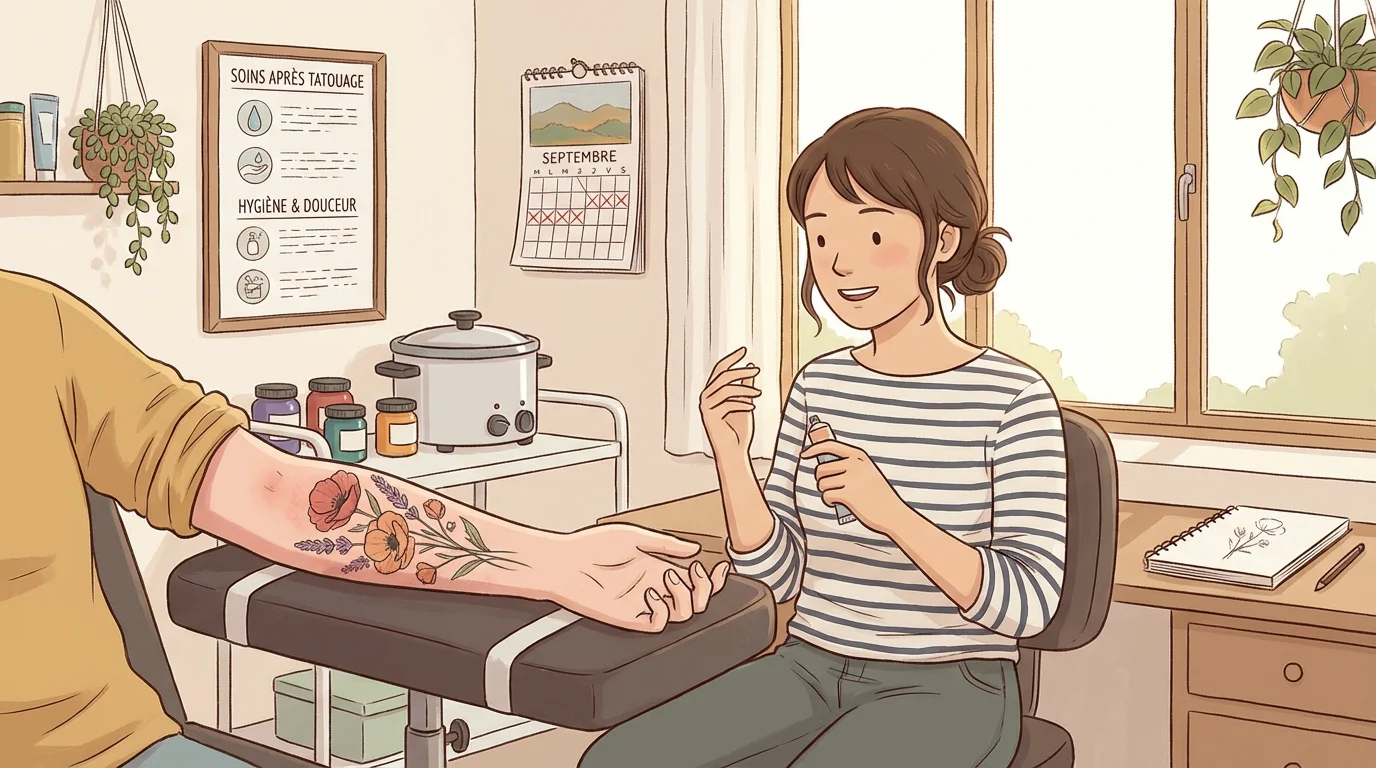 Illustration d'un tatouage floral fraîchement réalisé sur un avant-bras avec un calendrier en arrière-plan symbolisant le temps d'attente entre les séances