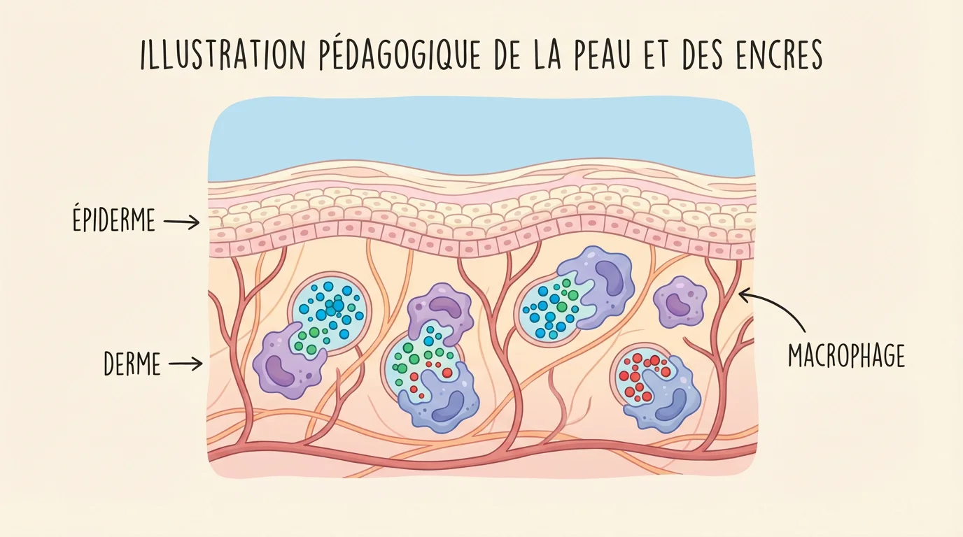 Illustration en coupe de la peau montrant la cicatrisation après un tatouage avec encapsulation des pigments par les macrophages