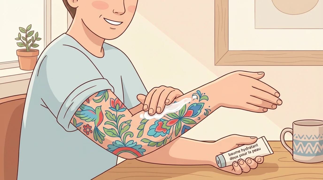 Illustration d'une personne hydratant son tatouage récent pour favoriser la cicatrisation entre deux séances