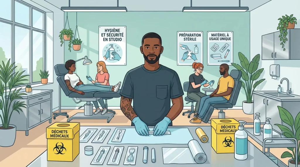 Illustration d'un studio de tatouage respectant les normes d'hygiène en France
