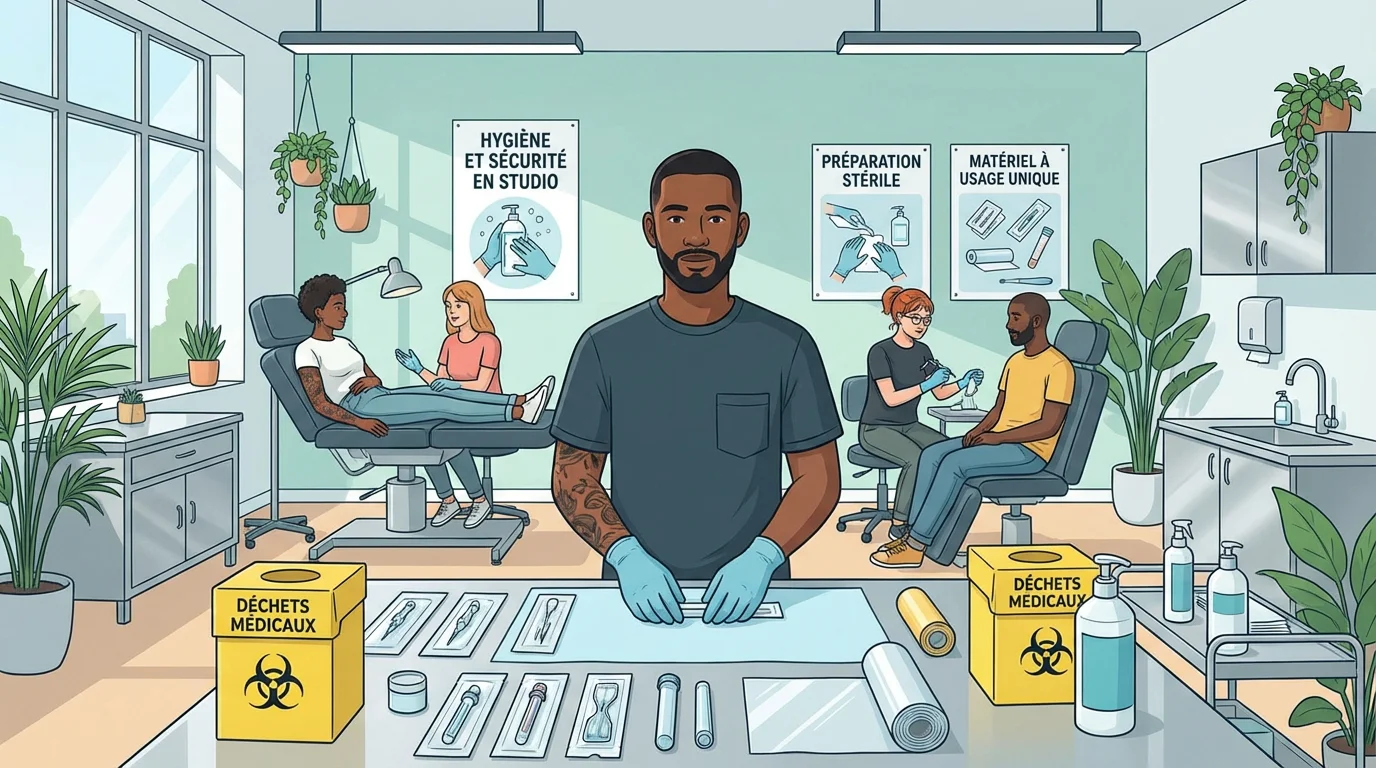Illustration d'un studio de tatouage respectant les normes d'hygiène en France