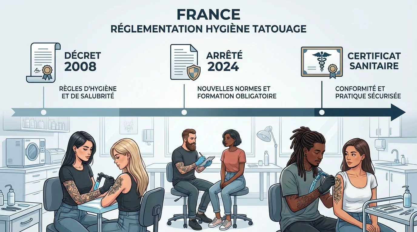 Frise chronologique illustrée de la réglementation hygiène tatouage en France de 2008 à 2024
