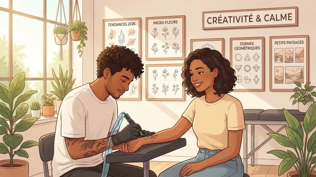 Illustration d'un studio de tatouage moderne avec un artiste réalisant un tatouage minimaliste tendance 2026