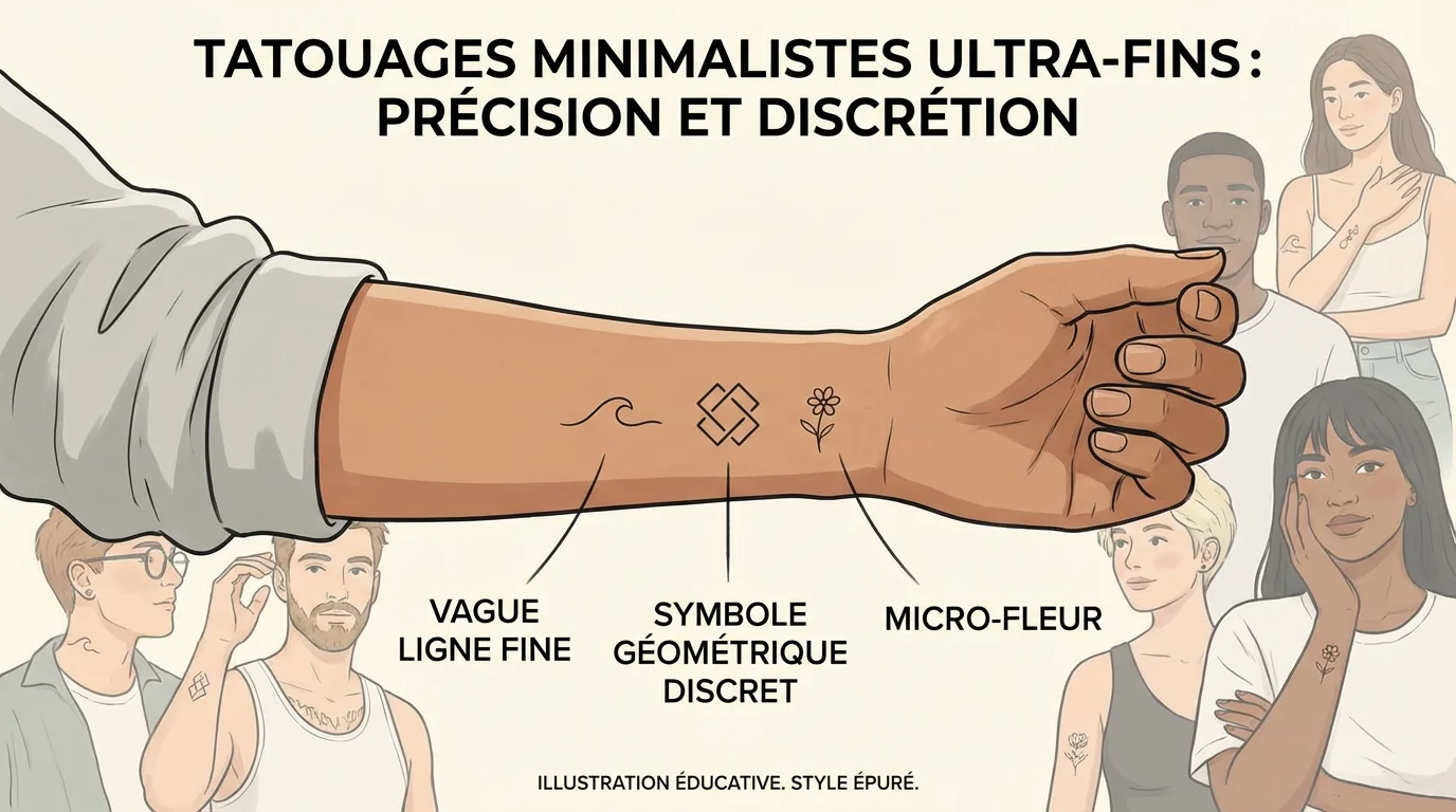 Illustration de tatouages minimalistes ultra-fins sur un poignet, style tendance 2026
