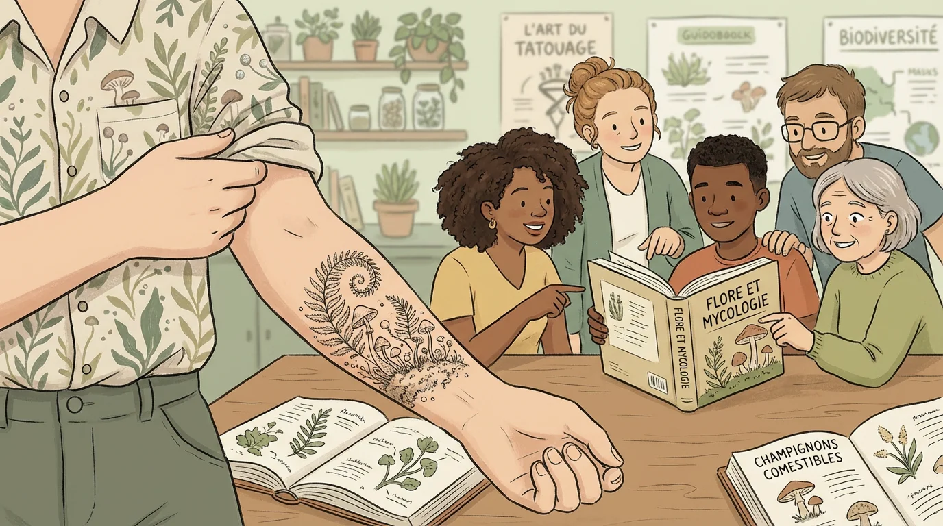 Illustration d'un tatouage botanique micro-paysage sur un avant-bras, tendance nature 2026