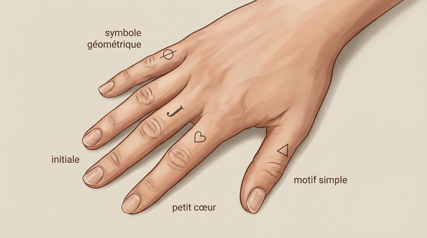 Main avec de petits tatouages minimalistes sur les doigts, illustration épurée