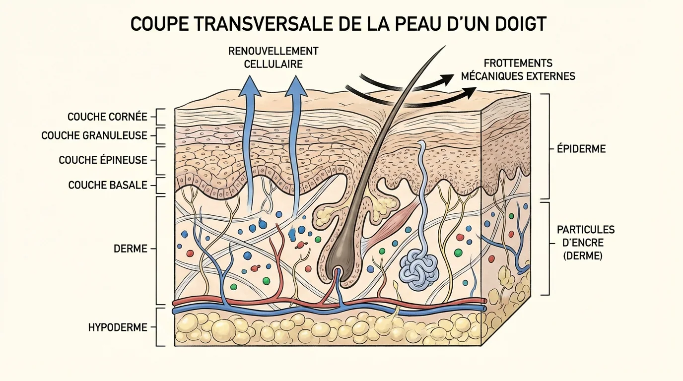 Illustration en coupe de la peau du doigt montrant les couches épiderme et derme avec des particules d'encre de tatouage