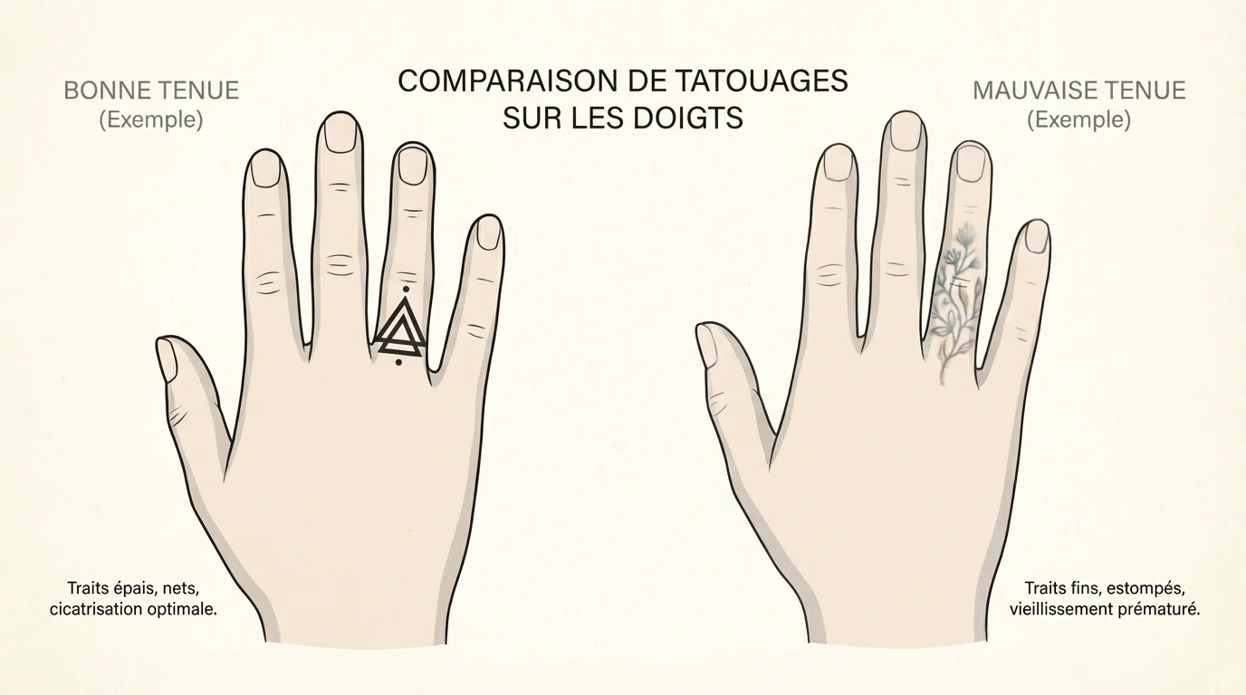 Illustration comparant la technique de tatouage handpoke et la technique machine sur les doigts