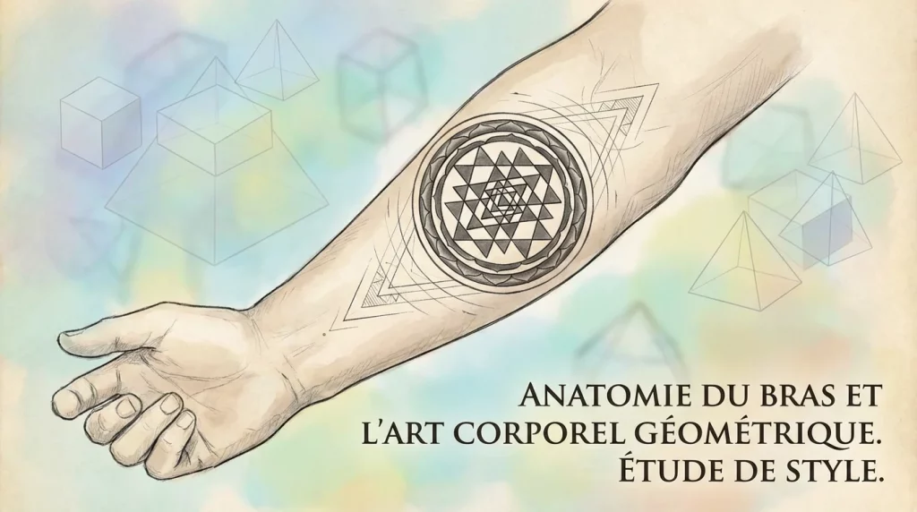 Illustration d'un bras orné d'un tatouage géométrique mandala en noir et gris avec des formes triangulaires