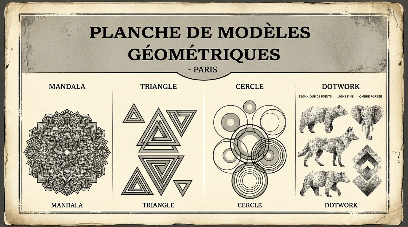 Planche d'illustration présentant différents motifs de tatouage géométrique : mandala, triangle, cercle et dotwork