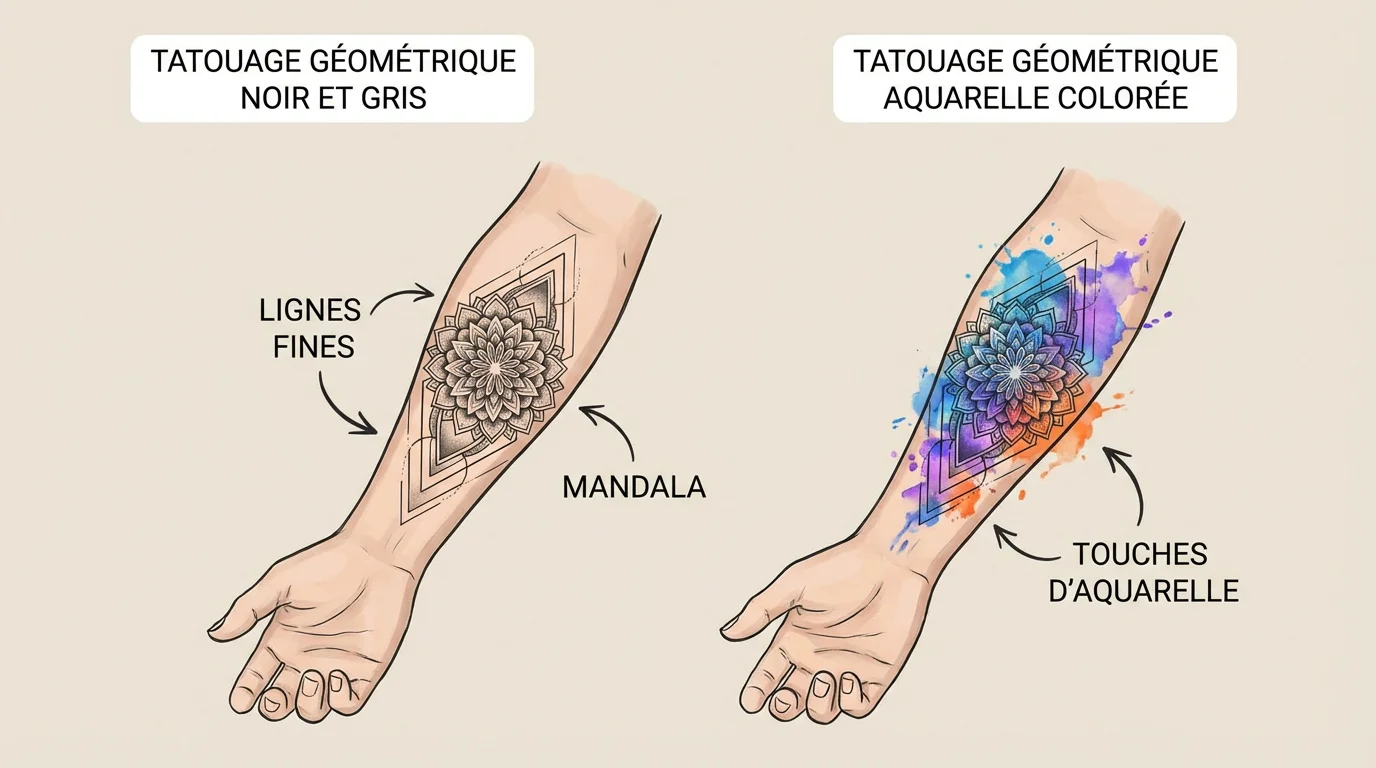 Illustration comparant un tatouage géométrique noir et gris et un tatouage géométrique avec touches de couleur aquarelle