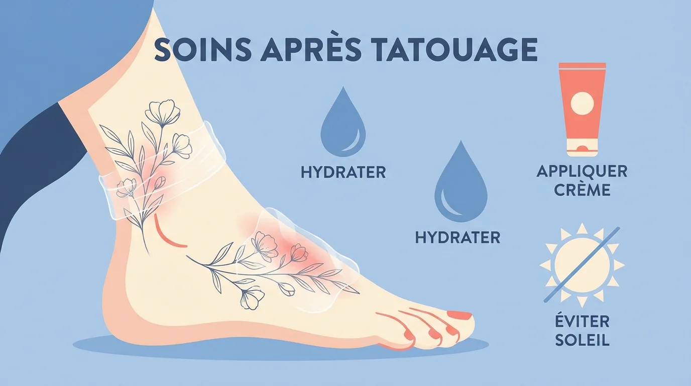 Illustration d'un tatouage au pied en cours de cicatrisation avec les gestes de soin essentiels