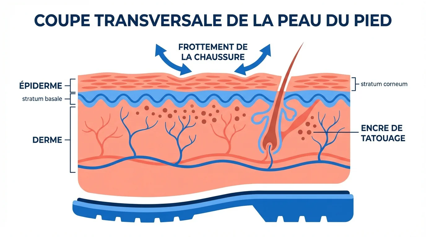 Illustration de la structure de la peau du pied montrant la cicatrisation d'un tatouage