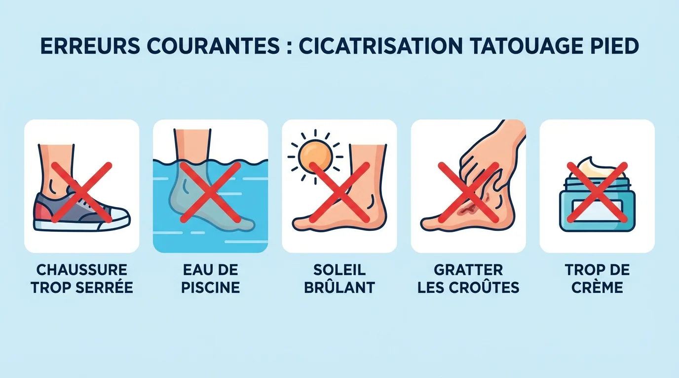 Illustration des erreurs à éviter pendant la cicatrisation d'un tatouage au pied