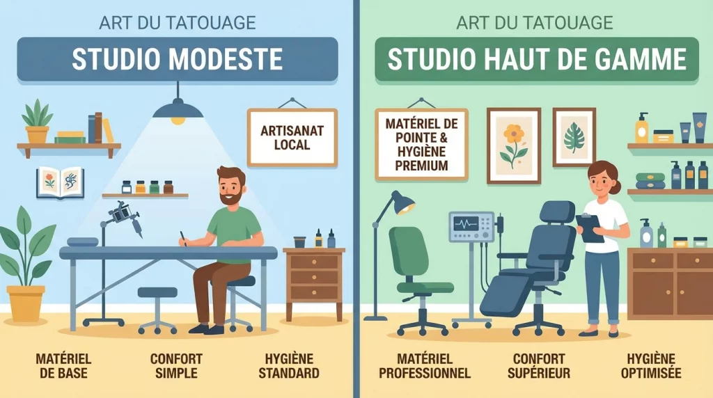 Illustration comparant deux studios de tatouage aux niveaux de gamme différents en France