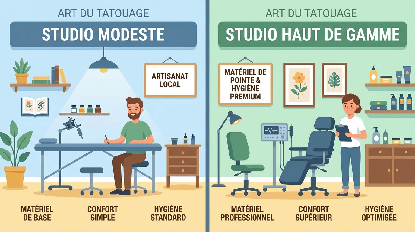 Illustration comparant deux studios de tatouage aux niveaux de gamme différents en France