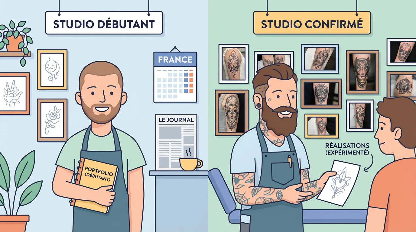 Illustration comparant un tatoueur débutant et un tatoueur expérimenté dans leurs studios